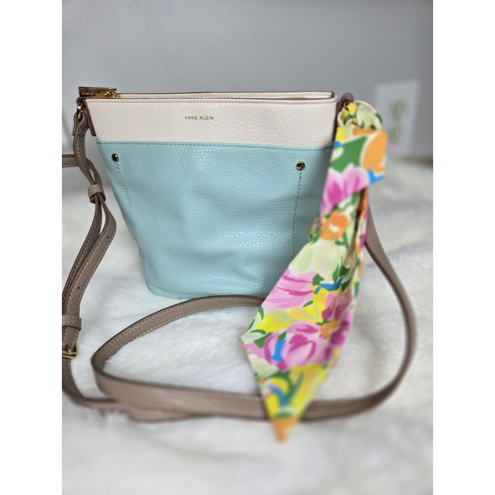 Anne Klein Colorblock‎ Crossbody Bag Blue Cream Taupe with Floral Scarf Accent